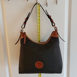 Dooney & Bourke Hobo Bag - Black Nylon & Brown Carmel Leather Adjustable Strap